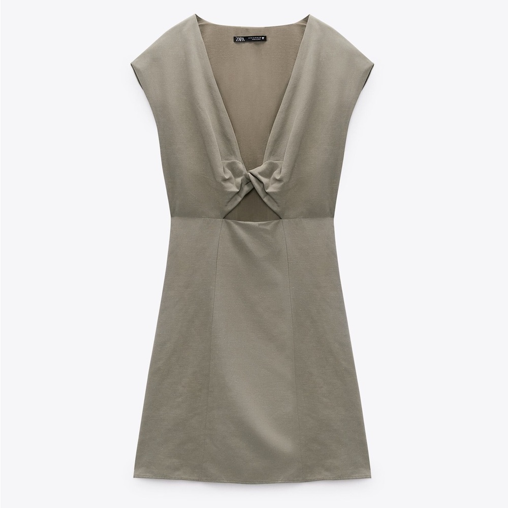 Zara army green linen twist front cutout mini dress - Picture 3 of 7